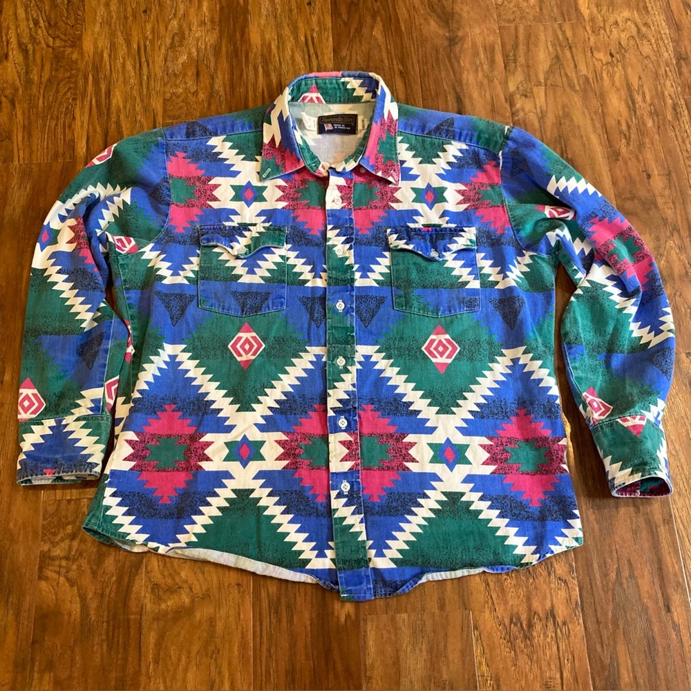 Vintage Men’s Panhandle Slim Aztec Button Up Shirt, Small